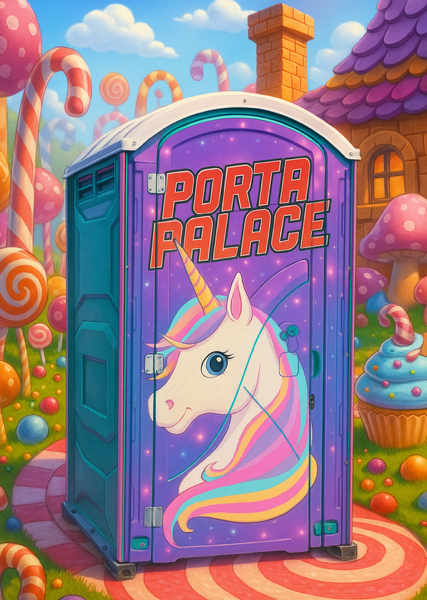 Unicorn decorated porta potty.